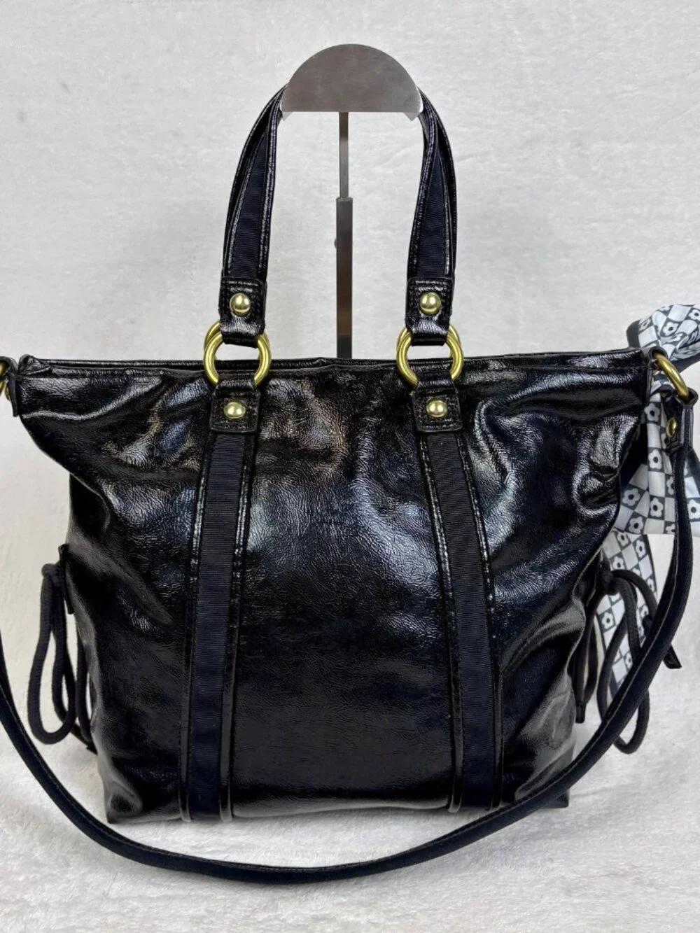 Coach Y2K Poppy Daisy Liquid Gloss Tote in Black Patent Leather with Scarf